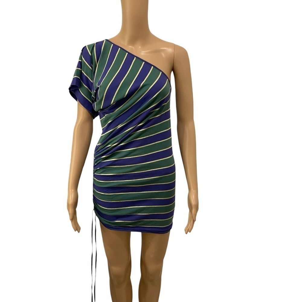 Benetton One Shoulder Ruched Side Striped Bodycon Shirt Dress Green Multi OS